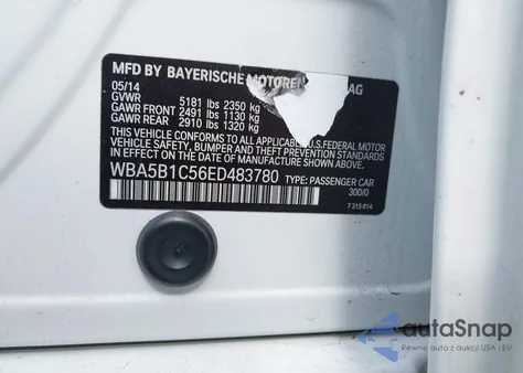 2014 BMW 535I z USA, uszkodzony, nr VIN WBA5B1C56ED483780